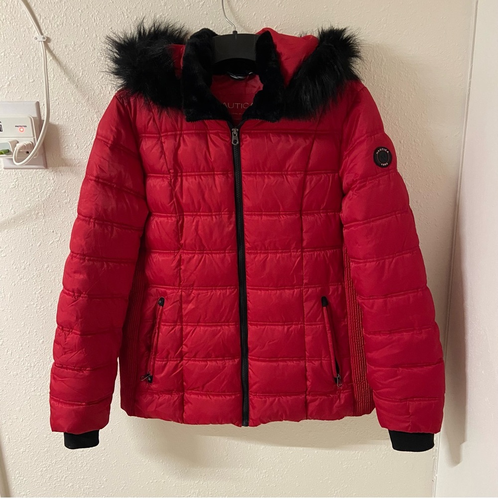 Nautica Red Water-Resistant Puffer Jacket with Faux Fur Trim